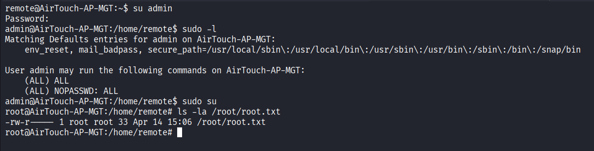 Switching to admin and root shell