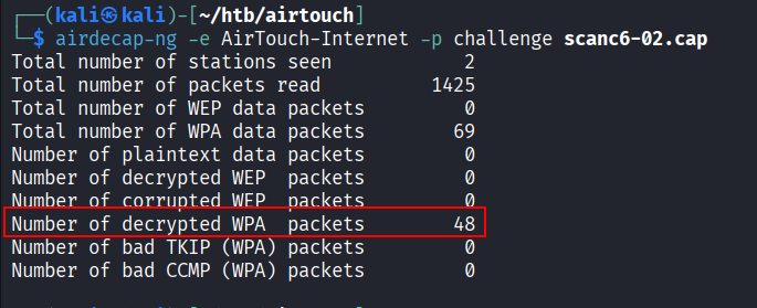 Airdecap output showing decrypted packets