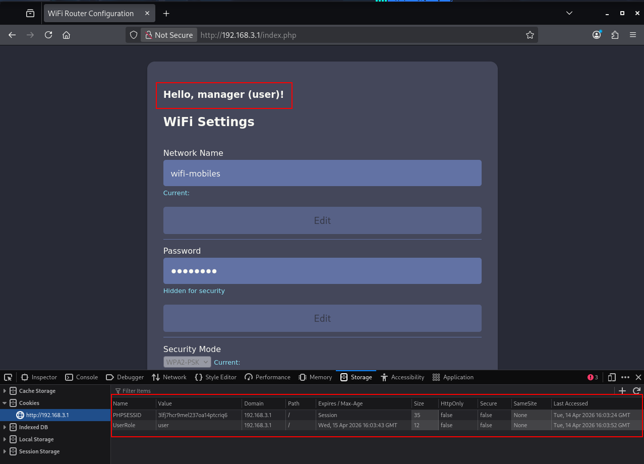 Application view after setting stolen cookies