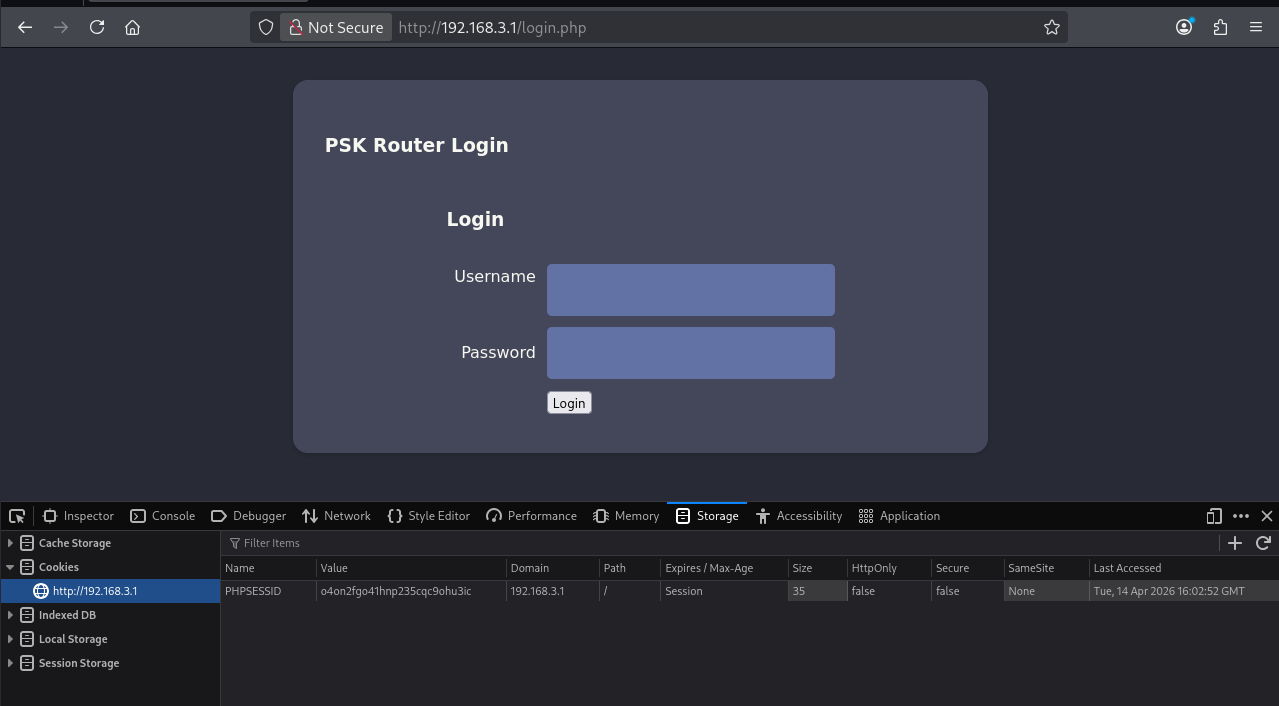 Login page on internal router application