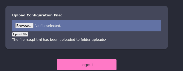 Successful upload of rce.phtml