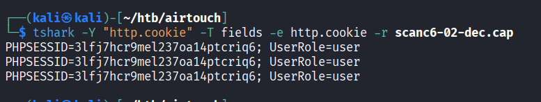 Tshark output extracting HTTP cookies