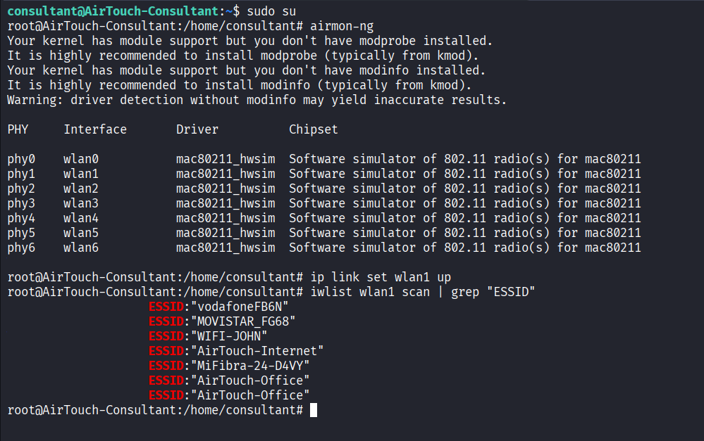 Wireless interface and ESSID scan results