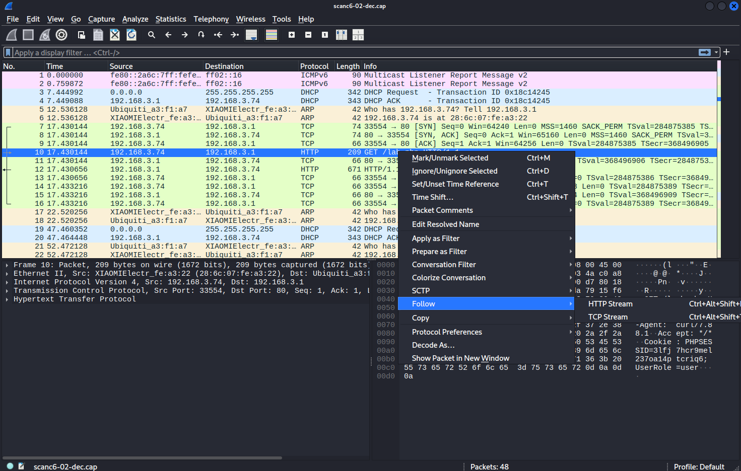 Wireshark view of decrypted traffic
